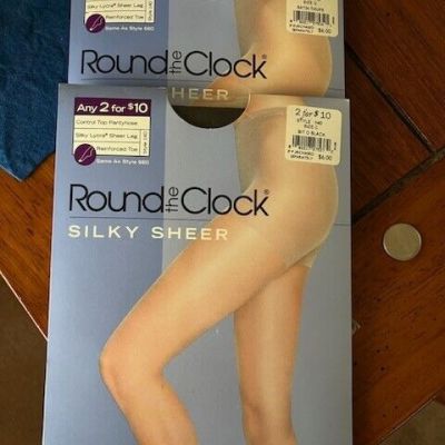 2 Packages of Round the Clock Silky Sheer Control Top Pantyhose - Black & Taupe