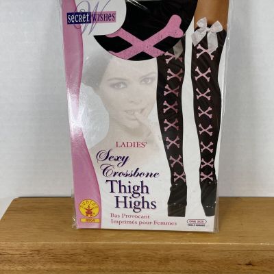 NOS  Sexy Thigh High Stockings Skull & Bows Black & Pink  Halloween