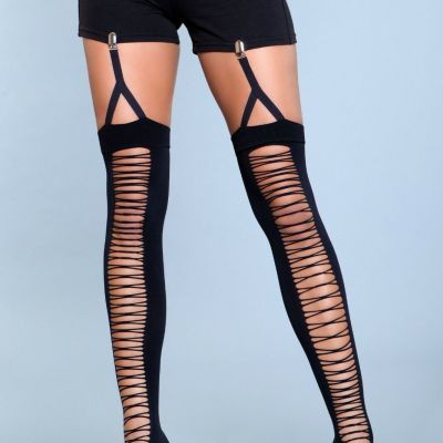 sexy BE WICKED lace UP criss CROSS opaque GARTER straps THIGH highs STOCKINGS