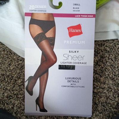 Hanes Premium Silky Sheer Lighter Coverage Lace Thigh High Small NEW