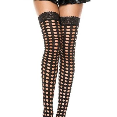 Black Lace Top Spandex Pot Hole Thigh High Stockings