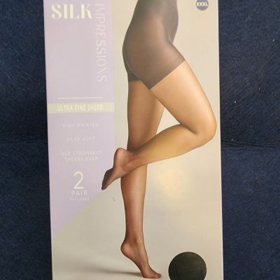 Silk Impressions Pantyhose, Ultra Fine Sheer, Silky Soft, 2-Pack, 3XL, Black