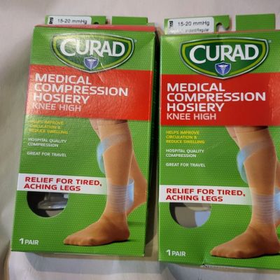 NEW Curad  Medical Compression Hosiery  Knee High Black 15 - 20 mmHg 2 Pair