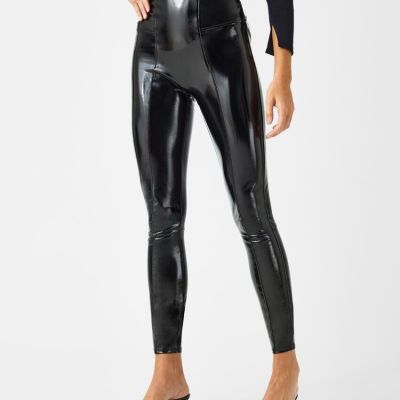 NEW SPANX FAUX PATENT SHINY LEATHER Black Large Leggings Slimming Compression