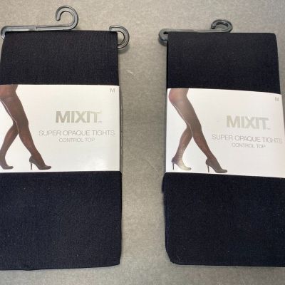 2 pair MIXIT Super Opaque Control Top Tights Black Size Medium New