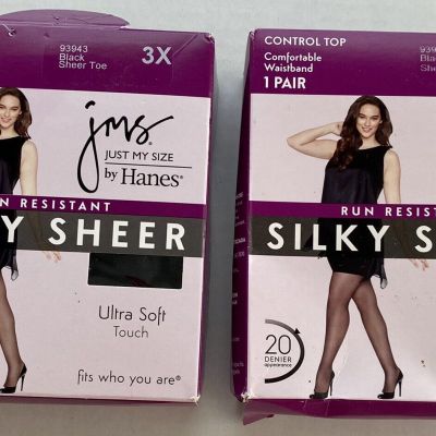 Just My Size Run-Resistant Silky-Sheer Pantyhose 3X/4X  Black 2 Pair