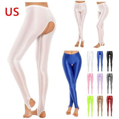 US Womens Shiny Mid Waist Opaque Pantyhose Shimmery Open Crotch Stirrup Tights