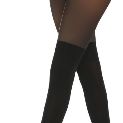 MANZI Womens Faux Thigh High Stockings Black Opaque Tights Stitching Sheer Panty