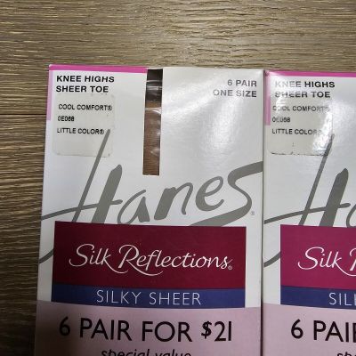 Lot of 2 Hanes Silk Replections Silky Sheer Knee Highs Sheer Toe Brown 6 pack h2