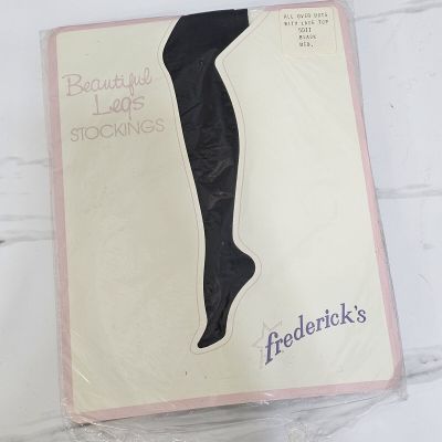 VTG Fredericks of Hollywood M Black All Over Dots Thigh High Lace Top Stockings