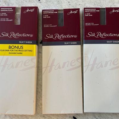 Hanes Silk Reflections Knee Highs (Lot) Style 725 Tan/black Charcoal Silky Sheer
