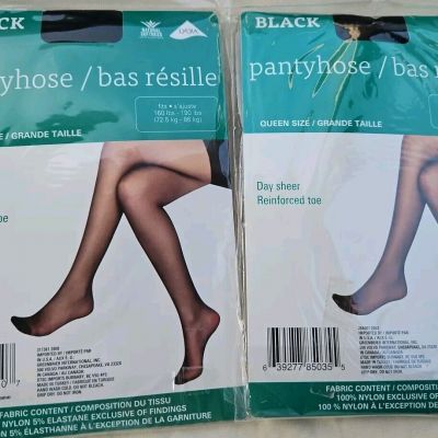 Greenbrier Pantyhose Black Queen Size Day Sheer Reinforced Toe Two Pair