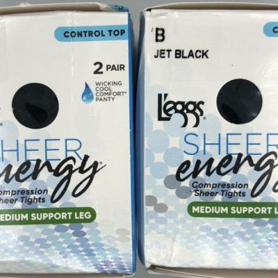 2PK L'eggs Sheer Energy Compression Sheer Tights ~ B ~ JET BLACK ~ 2 PAIR EACH