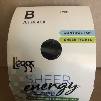 L'eggs Sheer Energy B Jet Black Control Top Compression Tights 360 Med Support