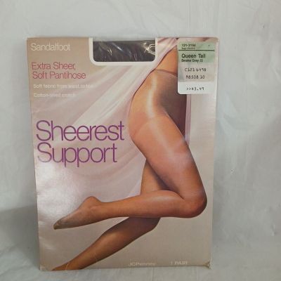 1 NOS JCPenney Pantyhose Smoke Grey Size Queen Tall Sandalfoot Sheerest Support