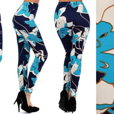 Bright FLORAL CHIC womens Leggings ONE SIZE Fits 6-12 CALLA LILIES Navy Aqua
