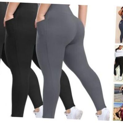 3 Pack Plus Size Leggings with Pockets for XX-Large Plus A-black/Black/Grey