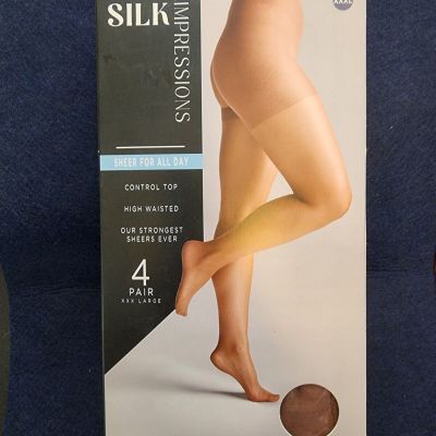 Silk Impressions Pantyhose, Control Top, Sheer For All Day, 4-Pack, 3XL, Cocoa