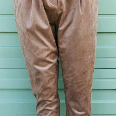 New ZARA BEIGE Camel Faux Suede High Trousers Casual Work Pants Size L #1354y