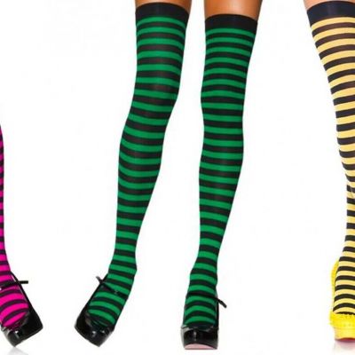 Leg Avenue Striped Stockings Thigh High Nylon One Size Reg Black / Green 6005