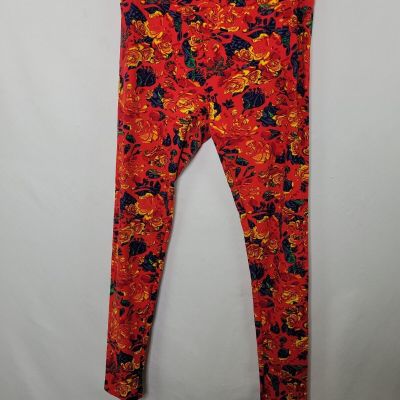 LuLaRoe Tall & Curvy Bright Orange Red Floral Leggings Women's One Size Fits All