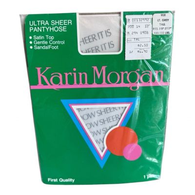 Vintage Karin Morgan First Quality Ulta Sheer Pantyhose Satin Top Tall Lt Gray