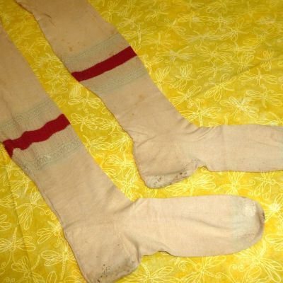 HTF Victorian Edwardian Lace Stockings Antique Flapper red white cotton hosiery
