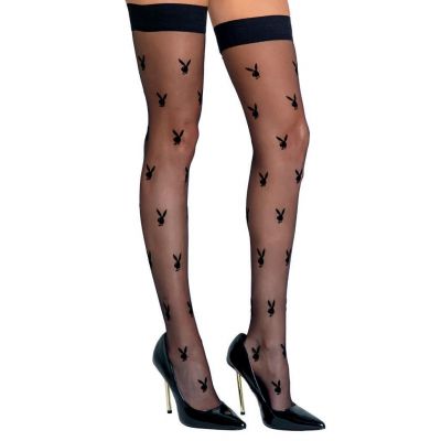 Playboy Bunny Stockings Stay Up Silicone Tops Sheer Thigh Highs Black LI122