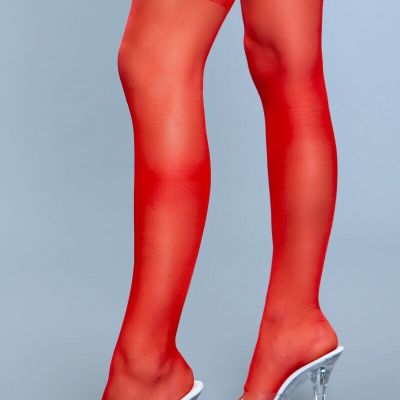BeWicked Lace Over It Stay Up Spandex Sheer Thigh Highs Silicone Lace Top, Red