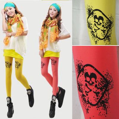 Stretchy Skinny Leggings Bright Solid Color Stockings Pirate Skull Knee Pants OS