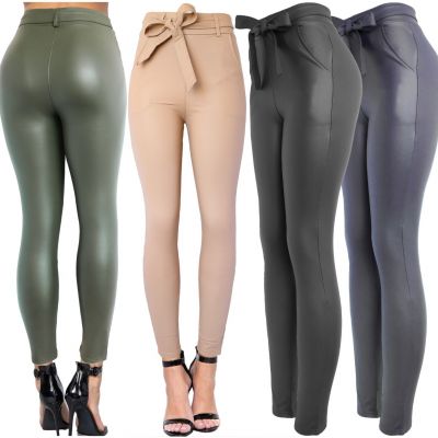 Women's Belted High Waist Stretchy Faux Leather Leggings Sexy High Pants