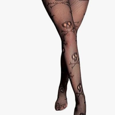 Skull Pattern Fishnet Tights, Halloween Hollow Out High Waist Mesh Pantyhose OS