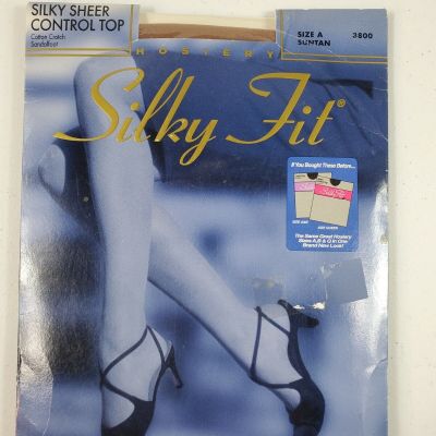 Silky Fit Sheer Control Top Pantyhose Sandal Foot  Size A Suntan New/NOS