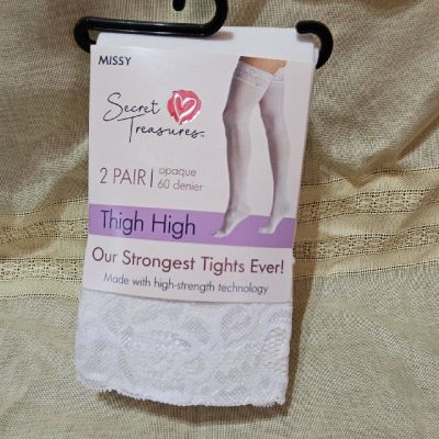 Sec Treas Women's White Lace Top Opaque 60 Denier Thigh High Tights 2 Pair Missy
