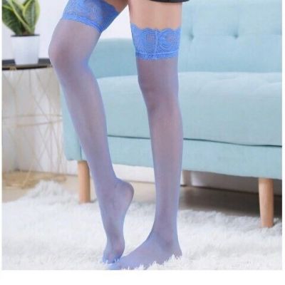 Lace top sheer mesh thigh highs electric blue nip Y2K kawaii 80s