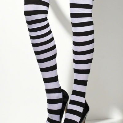 Sexy Opaque Black and White Striped Thigh-High Stockings w Handcuff Motif