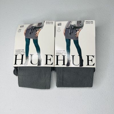 HUE Control Top RIB TIGHTS Size 1 Steel Gray Ribbed Tight Womens 2 Pair Pack New