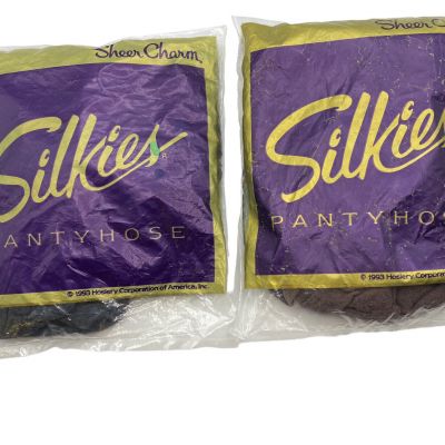 Silkies Panty Hose Sheer Charm Medium Taupe Off Black USA Lot Of 2