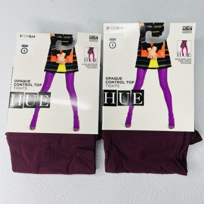 HUE Currant Opaque Nylon Control Top Womans Tights Size 1 New 2 Pairs