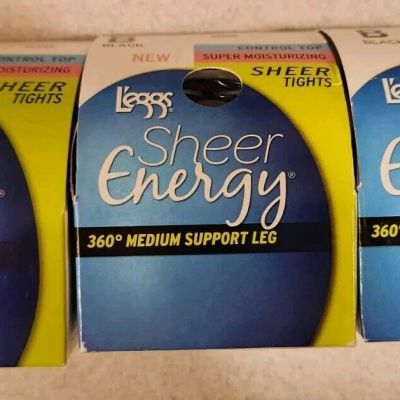 Leggs Sheer Energy SIZE B Medium Support Leg 3 PAIRS Control Top Pantyhose BLACK