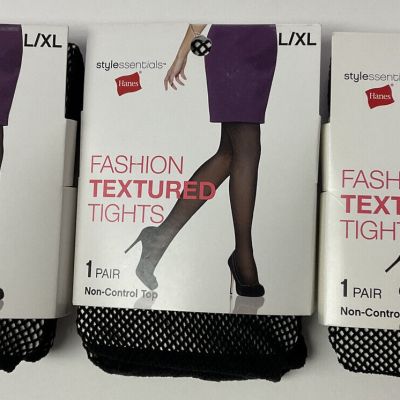 NIP Lot 3 Hanes Stylessentials Fashion Textured Tights Black Fishnet L / XL