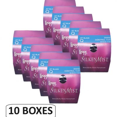 Leggs Silken Mist Control Top Pantyhose Sheer  Jet Black Size: Q Set of 10 Boxes