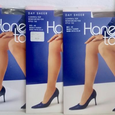 3 Pair Hanes Too Day Sheer Pantyhose Control Top Size AB 2 Barely There 1 Black