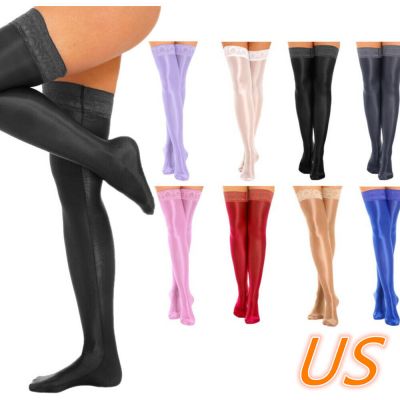US Womens Lace Trim Oil Shiny Thigh High Stockings Glossy Compression Long Socks
