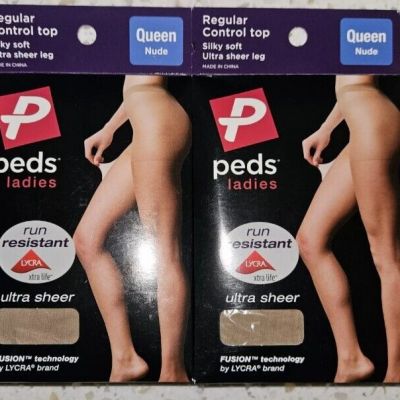 2 Pair Peds Regular Control Top Pantyhose Silky Soft Ultra Sheer Leg Queen Nude