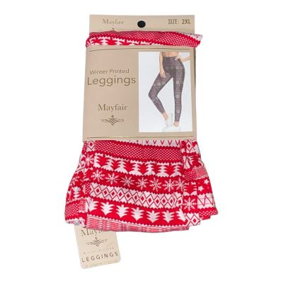 Mayfair Winter Printed Red White Star Tree Holiday  Leggings Size 2XL New