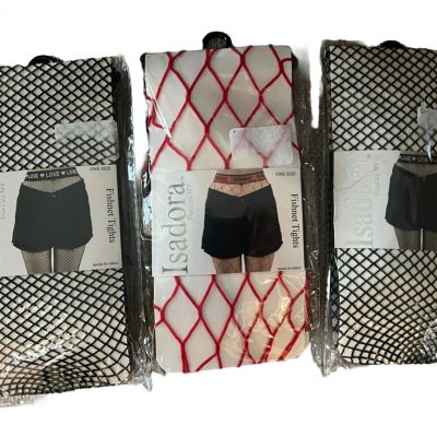 Isadora Fashion Fishnet Black & Red Tights Lot of 3 One SZ New