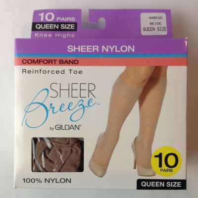 Gildan 'Sheer Breeze' 10 Pairs Knee Highs Suntan/Beige Regular/Queen 100perc Nylon