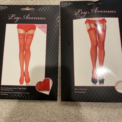 New Leg Avenue 2 Thigh Highs Red Stockings Lace Sheer Silicone Stay Up Grip Nwt