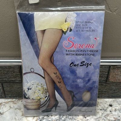 Vtg Serena Fashion Pantyhose With Rhinestone Floral Design Butterfly OS Peach